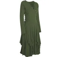 Vishes Midikleid Langes Langarm Bio Ballonkleid einfarbig mit Schnürung V-Ausschnitt Hippie, Elfen, Festag, Style
