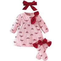 Lapastyle A-Linien-Kleid Set aus Baumwolle Strickkleid mit Aufdruck für Babys, Stirnband Socke (Set, 3-tlg) Frühling Sommer Mädchen Niedliches Outfit, für Partys, Fotoshootings