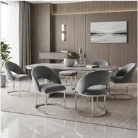 Flieks Esszimmerstuhl Freischwinger (mit verstellbaren Fußpolstern, Set, 6 St), 6er Set Polsterstühle Küchenstühle Wohnzimmer Samtstoff Grau&Silber