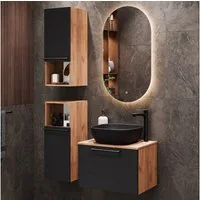 Planetmöbel Badmöbel-Set ASTRA Waschtischunterschrank 60 cm mit Midischrank und LED Spiegel, (Badezimmerschrank, 5-St., Waschbeckenunterschrank), Waschtisch und Waschbecken schwarz mit Spiegel und 2x Midischrank