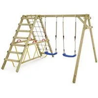 Wickey Doppelschaukel Smart Hike – Schaukel-Kletter-Kombi mit 10 Jahren Garantie*, (Kinderschaukel - Kreativer Spielspaß mit Klettern & Schaukeln kombiniert, Gartenschaukel mit zwei Sitzen & Kletteranbau), Robuste Holzschaukel mit Kletterelement und 