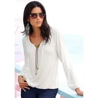 s.Oliver Langarmshirt mit Bindeband in Lederoptik am Ausschnitt, Boho-Style leichtes Viskoseshirt, lockere Passform mit elastischen Abschlüssen