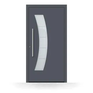 Alu Haustür, Anthrazit RAL 7016, 80x195 cm, geschwungener Glaseinsatz mit Motiv, Schüco-Profil, Modell Gießen, individuell konfigurieren