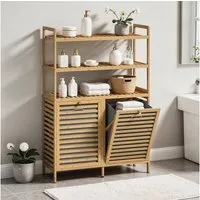 HOMCOM Wäschekorb mit 2 Fächern je 38,7 L (Wäschesammler, 1 St., Wäschesortierer), 2-in-1 Wäscheschrank mit 2 Körben, 3 Ablagen