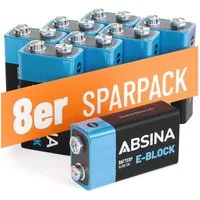ABSINA 8x 9V Blockbatterie Alkaline, langlebig & auslaufsicher, Rauchmelder Batterie, (1 St)