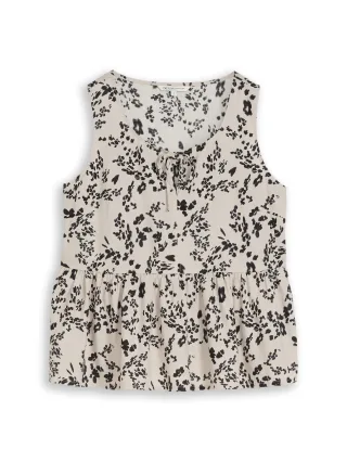 Denim Tom Tailor - Blusentop mit Leinenanteil beige black flower print - Gr. - S