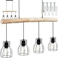 tectake Deckenleuchten Pendelleuchte, 4-flammig, 40 W, Industrial-Style, 82 x 13,5 x 140 cm, 4x E27, massiver Holzbalken, Gitter-Lampenschirme