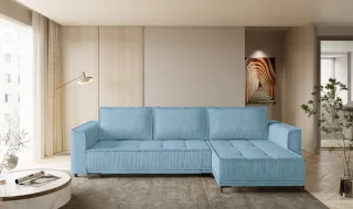 Ecksofa Schlafsofa Sofa JUNA Stoff Terra Azurblau Ottomane Rechts
