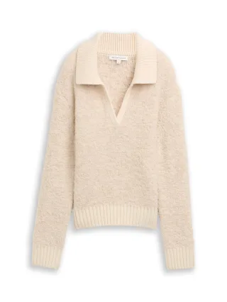 Tom Tailor - Bouclé Strickpullover mit Kragen sand stone beige melange - Gr. - S