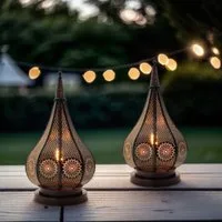 Marrakesch Orient & Mediterran Interior Teelichthalter 2er Set Orientalische Gartenlaterne Ezana aus Metall in Schwarz 36 cm (2 St), Handarbeit