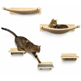 WOOWOOD® 2X Kletterwand Katzen - 3X Katzentreppe Wand- Kratzbaum Wand - Hängematte Katze - Wandkratzbaum - Katzenmöbel - Katzenwand - Katzen Kletterwand Set - Naturhell