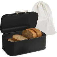 relaxdays Brotkasten mit Deckel und Brotbeutel, Eisen, schwarz