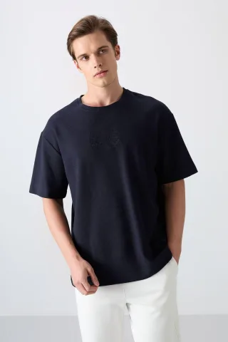 Oversized-Logo-besticktes Baumwollmisch-T-Shirt