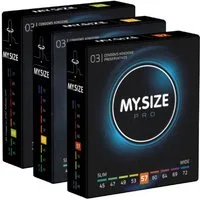 MY.SIZE Kondome PRO «Probierset M» (49mm, 53mm, 57mm) 3 Packungen mit je 3 Maßkondomen, insgesamt, 9 St., Kondome zum Anprobieren und Austesten, die neue Generation MY.SIZE Kondome