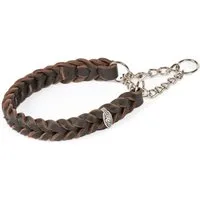 CopcoPet Hunde-Halsband Fettleder Halsband geflochten mit verchromter Zugstopp Kette, Leder, Leder, Geflochten, Handarbeit