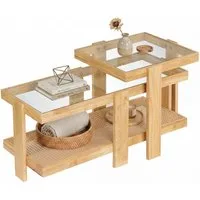 COSTWAY Couchtisch (2er Set), Satztisch aus gehärtetem Glas, Rattan, rechteckig mit Stauraum
