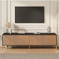 BlingBin Lowboard TV-Schrank Fernsehschrank TV-Ständer (Einzigartiges im Farbblock-Design, 1 St., mit 4 Türen und 5 Metallbeine), 179L x 35B x 53,5H cm, Schwarz + Natur