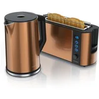 Arendo Frühstücks-Set Wasserkocher 1,5l & 2-Scheiben Langschlitz Toaster, Edelstahl, Kupfer (2-tlg), Wasserkocher mit Temperaturwahl, Toaster mit Brötchenaufsatz