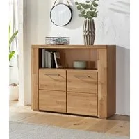OTTO home Kommode Celle,90cm breit,35 cm tief, Fronten Massivholz, Holz massiv, Holzwerkstoff, Metall Griffe,3 breite Fächer