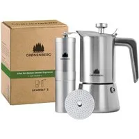 GRØNENBERG Espressokocher Spar Set 2: Kaffeemühle manuell + Edelstahl Espressokocher (4l6 Cup), 0.3l Kaffeekanne, Mokkakanne Induktion geeignet & Inkl. Ersatz Dichtung