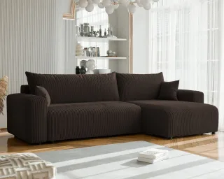 Ecksofa mit Schlaffunktion LUNA MAX in Stoff Poso Dunkelbraun Ottomane Rechts