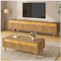 OKWISH Wohnzimmer-Set LED-Möbelset, (TV-Schrank+Wohnzimmertisch, 2-St., Couchtisch 110x50x40cm + TV-Ständer 178x35x45cm), Wellenstruktur und Acrylfronten, Gold-Design
