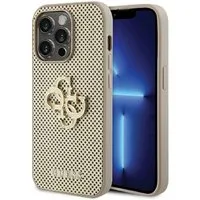 Guess Handyhülle Case iPhone 15 Pro Glitter Kunstleder goldfarben Metallogo 6,1 Zoll, Kantenschutz