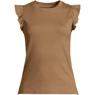 Baumwollripp-Top mit Volants für Damen in Petite-Größe, Damen, size: petite, Grün, Baumwolle/Elasthan, by Lands' End