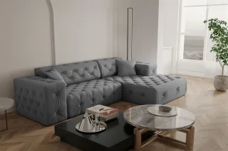 Ecksofa Designersofa CHANTAL in Stoff Opera Velvet Grau Ottomane Rechts