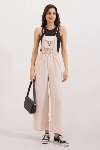 Lässig geschnittene lange Denim-Latzhose mit Tasche