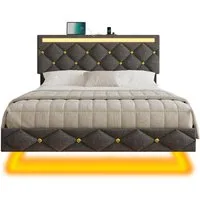 MSMASK Polsterbett mit USB-Aufladen und LED-Beleuchtung, Grauem Leinen (Ohne Matratze)