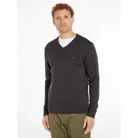 Tommy Hilfiger Strickpullover ESSENTIAL COTTON V NECK mit V-Ausschnitt und Stickerei unifarben, casual, regular fit, Baumwolle, V-Ausschnitt