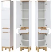 Lomadox Hochschrank SOLNA-56 Badezimmer Hochglanz weiß mit Wotaneiche, BxHxT ca. 35x187x33cm