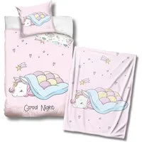 MTOnlinehandel Kinderbettwäsche Einhorn 135x200 + 80x80 cm, 100 % Baumwolle, Renforcé, 3 teilig, Wohlfühl-Set inklusive Kuscheldecke
