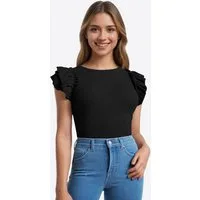 Imily Bela T-Shirt Damen Kurzarmshirt mit Rüschen (Packung, 1-tlg., 1per-Pack) elastisch