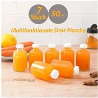 Jungengel Frischhaltedose 7'er Set Mini Vorratsfläschchen Shot-Flaschen Fläschchen Glas, Glas/Kunststoff, (7-tlg., 7-Teiliges Mini Fläschchen Set für Reisen), 50ml Fassungsvolumen, Wiederverwendbar, Kompakte Größe, Tragegröße