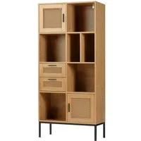 kamelshopping Standregal Wohnregal in Rattan-Optik mit 2 Türen, 2 Schubladen und 6 Fächer, Wohnzimmer-Regal aus Metall / MDF-Holz, stehend, 75 x 167,5 x 35 cm