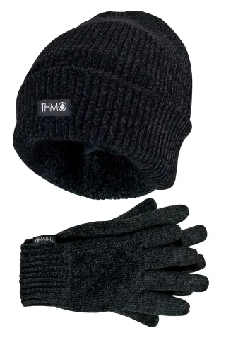 Damen Thinsulate Mütze und Handschuhe Set | THMO | Weiche Chenille gerippte Beanie Mütze & Handschuhe für Frauen - Schwarz