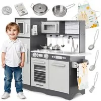 Mamabrum Kinder-Küchenset XXL-Holzküche mit LED-Beleuchtung, Schürze und Zubehör - Spielset