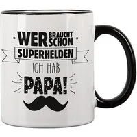 Herz & Heim Tasse für Papa als Geschenk zum Vatertag - Spruchtasse für Väter "Superheld", Keramik, mit Aufdruck, schwarzer Rand & Henkel