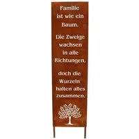 Rostikal Gartenfigur Gartenschild Familie Edelrost 100/55 cm – Bodenplatte/Stecker, Spruchtafel mit Baum-Motiv – wetterfest für Garten & Eingang