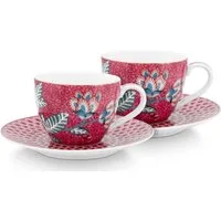 PiP Studio Tasse Flower Festival Espresso m.U. dark pink 120ml Set2, Porzellan, Set/2 Espresso Cups & Saucers Flower Festival Dark Pink 120m