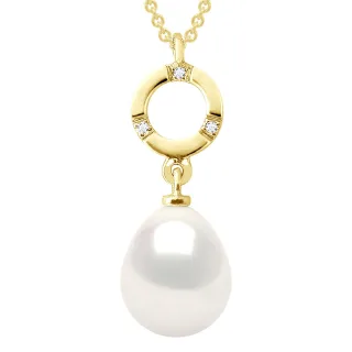 Halskette Schmuck Diamant 0,01 Karat Gelbgold und echte Süßwasser-Zuchtperle Birne 9-10 mm