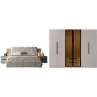 Villa Möbel Schlafzimmer-Set Maldiv, (Schlafzimmer-Set, 4-tlg., Bett mit Kopfteil, 2 Nachttische und Kleiderschrank), Polsterbett Beleuchtung Kleiderschrank Glastüren 2 Nachttische
