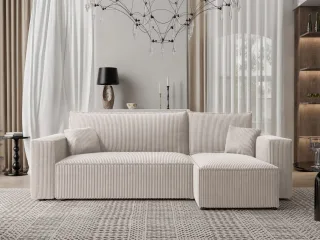 Ecksofa Schlafsofa Sofa ADARA in Stoff Poso Altweiß Ottomane Rechts
