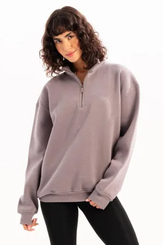 JUSTEVER Oversize Fit Stehkragen Halbreißverschluss Graues Damen-Sweatshirt - Cass