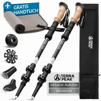 Terra Peak Wanderstöcke Explorer 135 (inklusive Mikrofaserhandtuch und 4 zusätzliche Aufsätze), Mit ergonomischen Echtkorkgriffen, zum Wandern und Nordic Walking