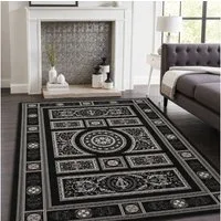Vimoda Orientteppich Kurzflor Schwarz & Gold, Wohnzimmerteppich mit Ornament Muster, Rechteckig, Höhe: 8 mm, Bordüre, pflegeleichter Wohnzimmerteppich, schlafzimmer