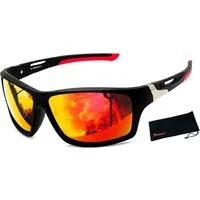 Rennec Sonnenbrille Herren Sportbrille Polarisiert UV400 Orange Rot Verspiegelt Radbrille Outdoor Brille Schwarz Matt Leichtgewicht mit Brillenbeutel
