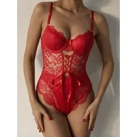 Elegant Love Body Damen Reizwäsche Stringbody aus Spitze mit Bügelcups und Schnürung Dessousbody transparent mit Formschalen, Spitzenbody